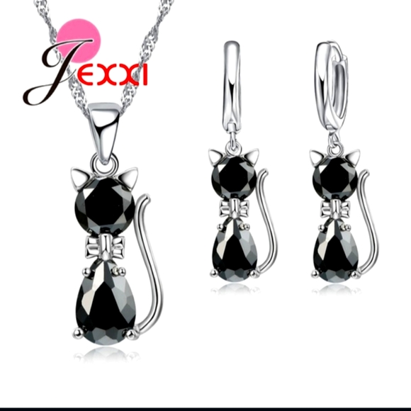 Jewelry - 2XHP!! NWT Stamped S925 Black Australian Crystal Cat Necklace & Earrings Set!
